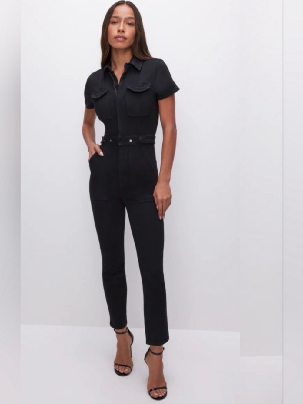 GOOD AMERICAN Black Short-Sleeve Zip Jumpsuit